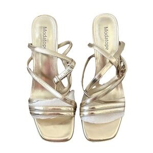 Modatope Gold Metallic Strappy Block Heel Sandals Square Toe Size 8 MT-S2214